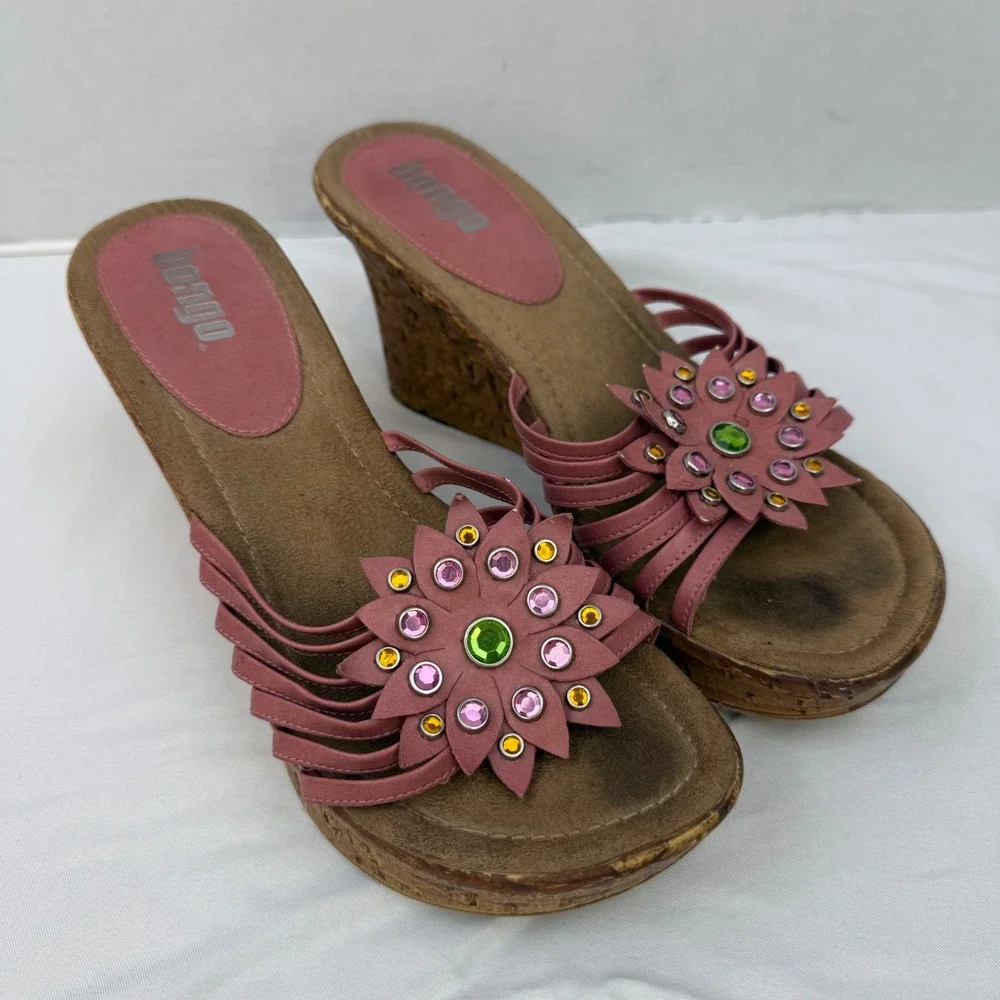 Bongo Vintage Pink Floral Rhinestone Wedge Sandals Y2K Cork Platform Slides